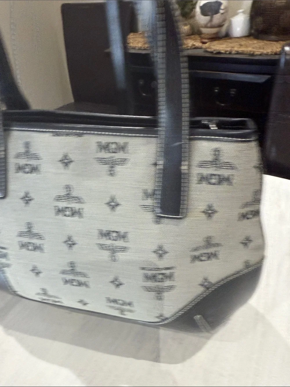 MGM Beige Canvas and Black Leather Messenger Tote